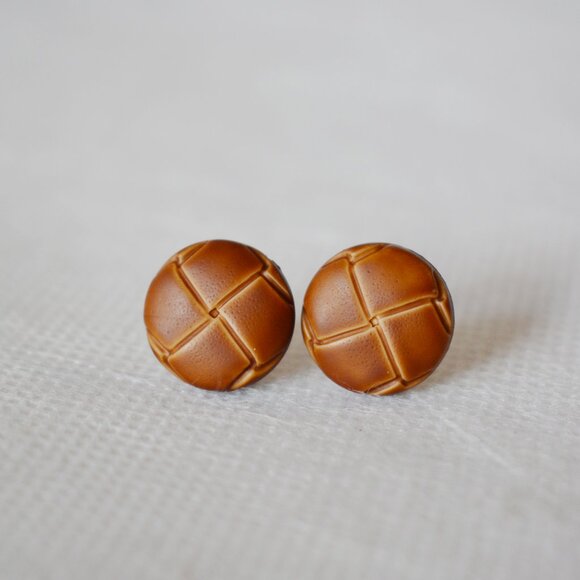 Brown Woven Button Stud Earrings - Picture 1 of 5